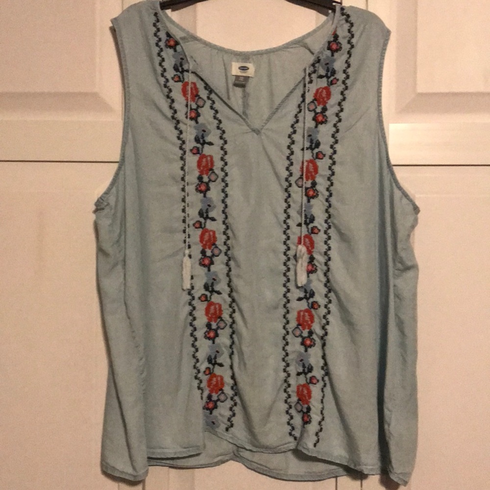 Chambray embroidered sleeveless tank